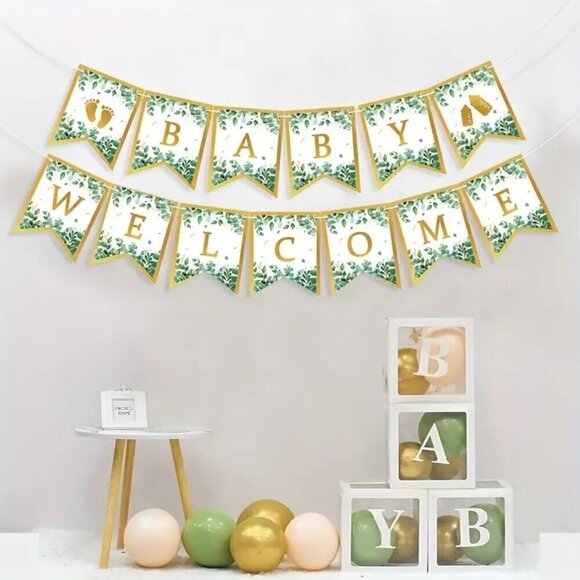 Other - Baby Shower Banner Set - Welcome Baby Golden Foil Pennant Flags